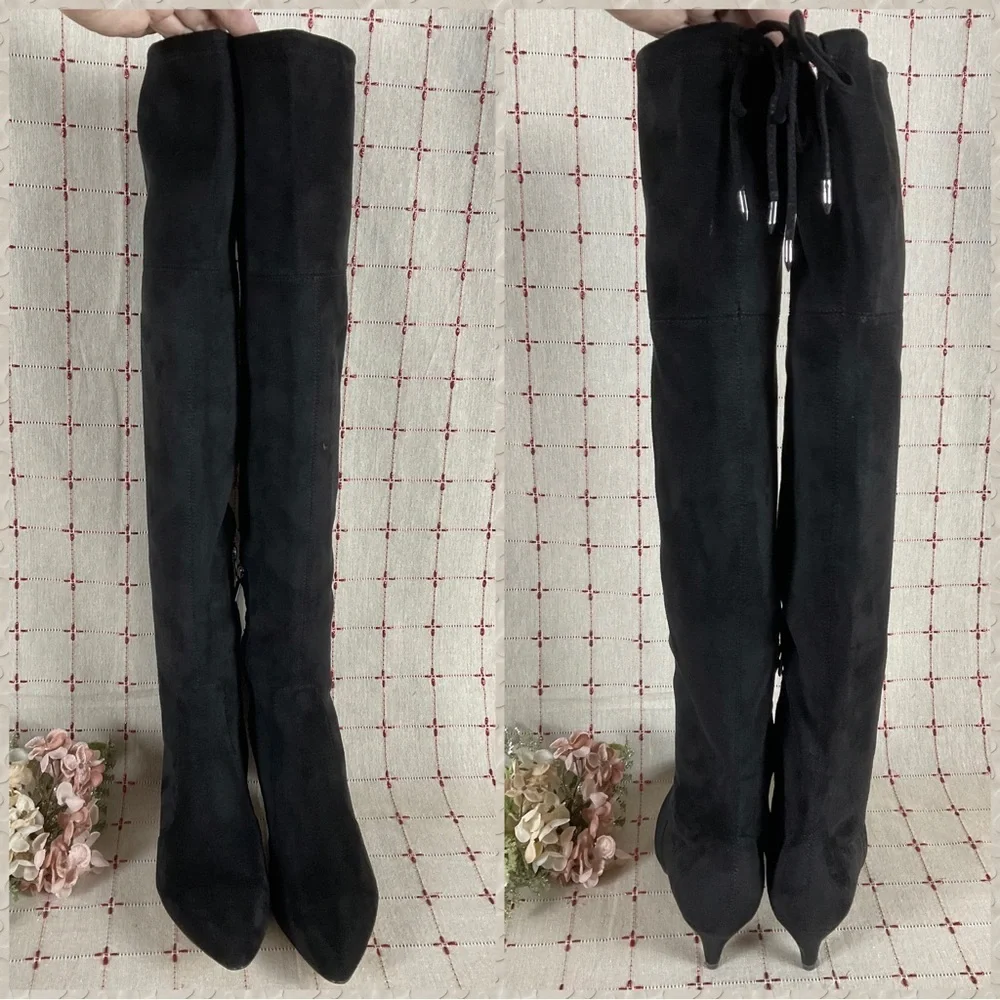 Sam Edelman “Kristie” Black Faux Suede Over the Knee Boots Low Heel PreLoved 8